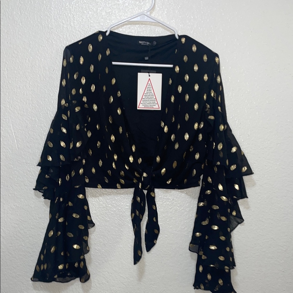 Nasty Gal Black and Gold Polka Dot Ruffle Blouse